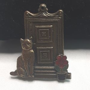 Brass Kitty, Flower Pot, and Door Lapel Pin Brooch